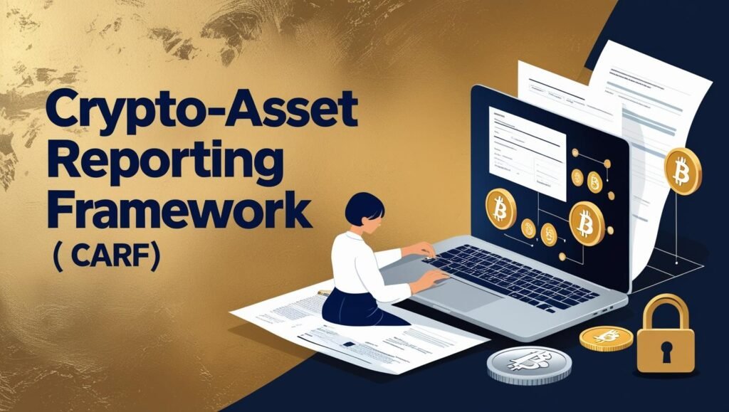 Visual representation of Crypto-Asset Reporting Framework (CARF) & CASPs, highlighting OECD guidelines and HMRC reporting obligations for global tax transparency compliance
