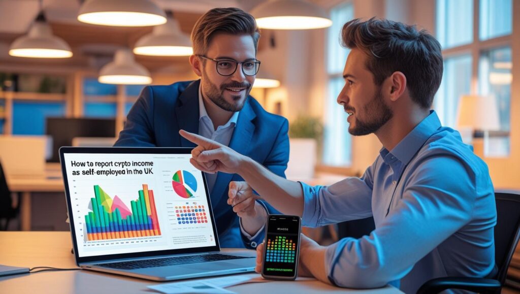 Tax advisor explaining self-assessment crypto tax UK rules to a self-employed crypto investor in a UK office, discussing deducting crypto mining expenses self-employed UK and HMRC nudge letters crypto self-assessment