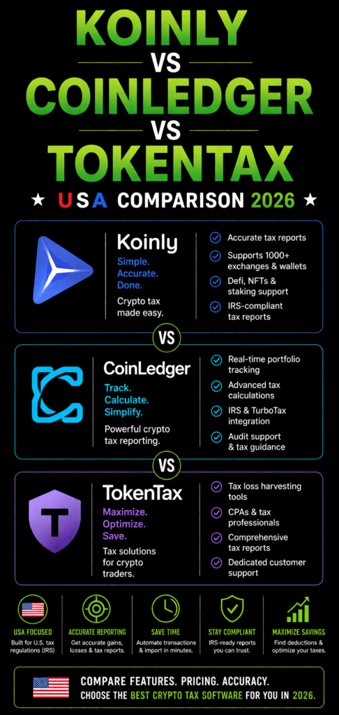 Koinly vs CoinLedger vs TokenTax (USA 2026): Best Crypto Tax Software Compared