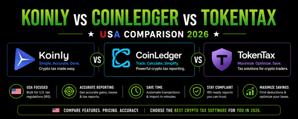 Koinly vs CoinLedger vs TokenTax (USA 2026): Best Crypto Tax Software Compared
