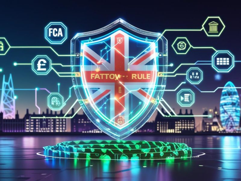 Futuristic digital shield with blockchain data and London skyline symbolizing crypto compliance FATF UK with AML regulations, FATF Travel Rule, and FCA crypto AML registration