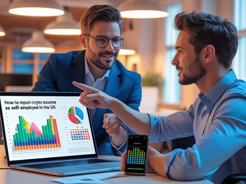Tax advisor explaining self-assessment crypto tax UK rules to a self-employed crypto investor in a UK office, discussing deducting crypto mining expenses self-employed UK and HMRC nudge letters crypto self-assessment